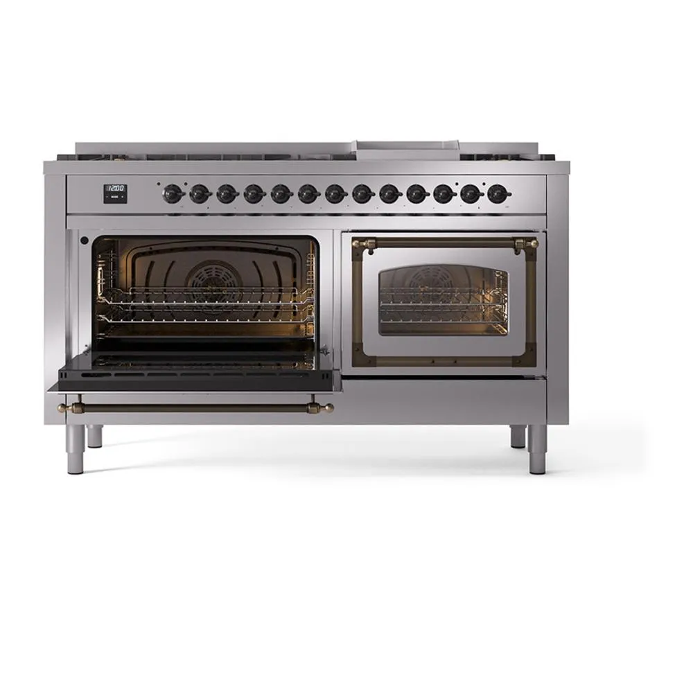 Ilve UN60FNMPSSB Ilve Un60Fnmpssb Nostalgie Ii Noblesse 60" Dual Fuel Range (9 Sealed Burners   Griddle, Natural Gas, Triple Glass Door, Stainless Steel, Burnished)