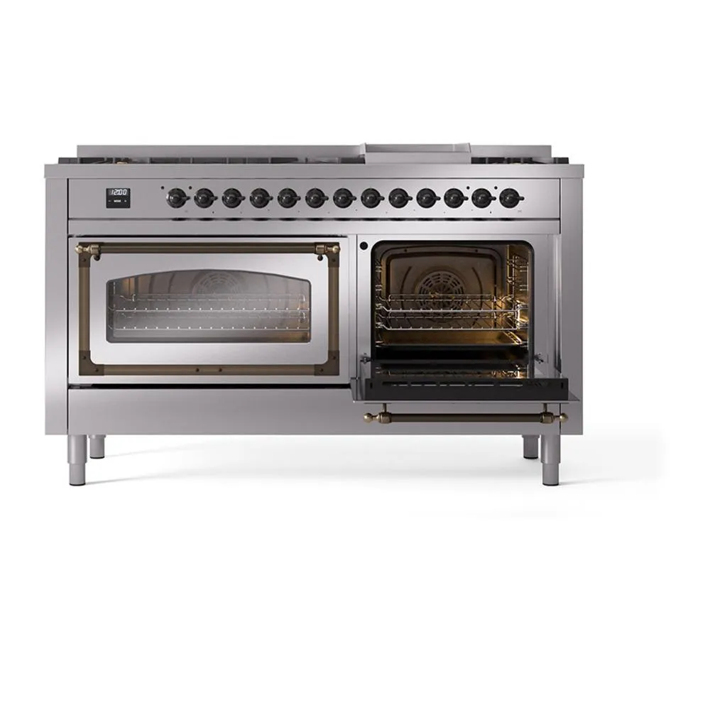 Ilve UN60FNMPSSB Ilve Un60Fnmpssb Nostalgie Ii Noblesse 60" Dual Fuel Range (9 Sealed Burners   Griddle, Natural Gas, Triple Glass Door, Stainless Steel, Burnished)