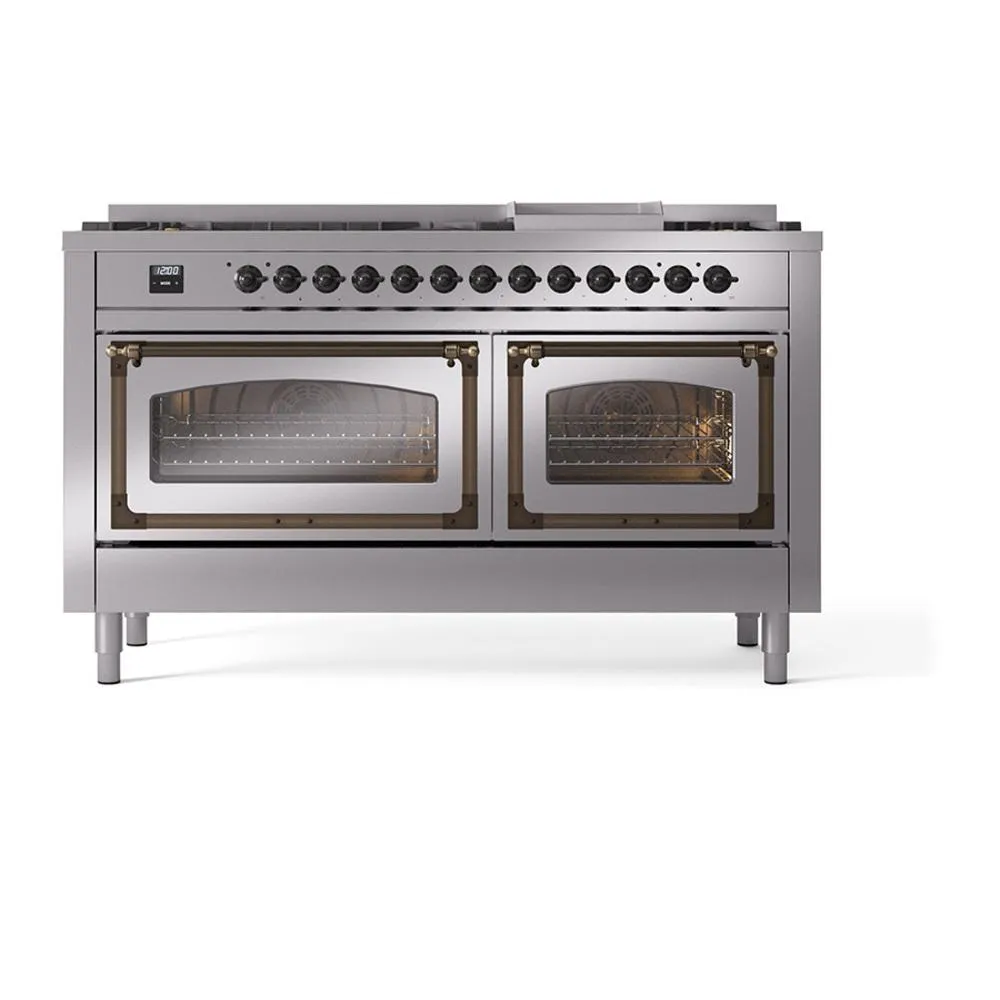 Ilve UN60FNMPSSB Ilve Un60Fnmpssb Nostalgie Ii Noblesse 60" Dual Fuel Range (9 Sealed Burners   Griddle, Natural Gas, Triple Glass Door, Stainless Steel, Burnished)