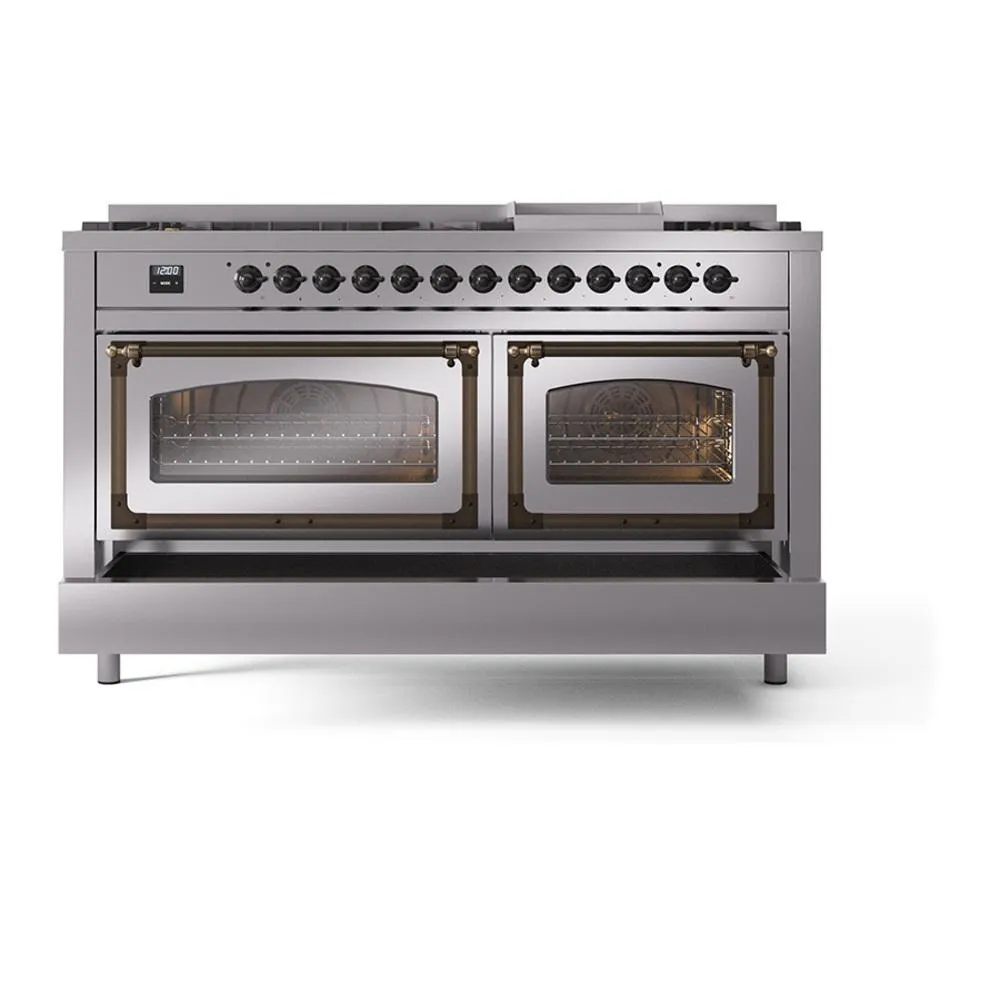 Ilve UN60FNMPSSB Ilve Un60Fnmpssb Nostalgie Ii Noblesse 60" Dual Fuel Range (9 Sealed Burners   Griddle, Natural Gas, Triple Glass Door, Stainless Steel, Burnished)