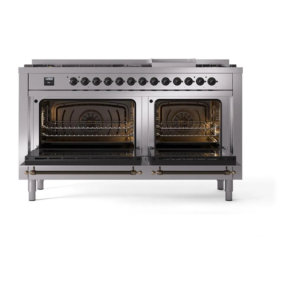 Ilve UN60FNMPSSB Ilve Un60Fnmpssb Nostalgie Ii Noblesse 60" Dual Fuel Range (9 Sealed Burners   Griddle, Natural Gas, Triple Glass Door, Stainless Steel, Burnished)