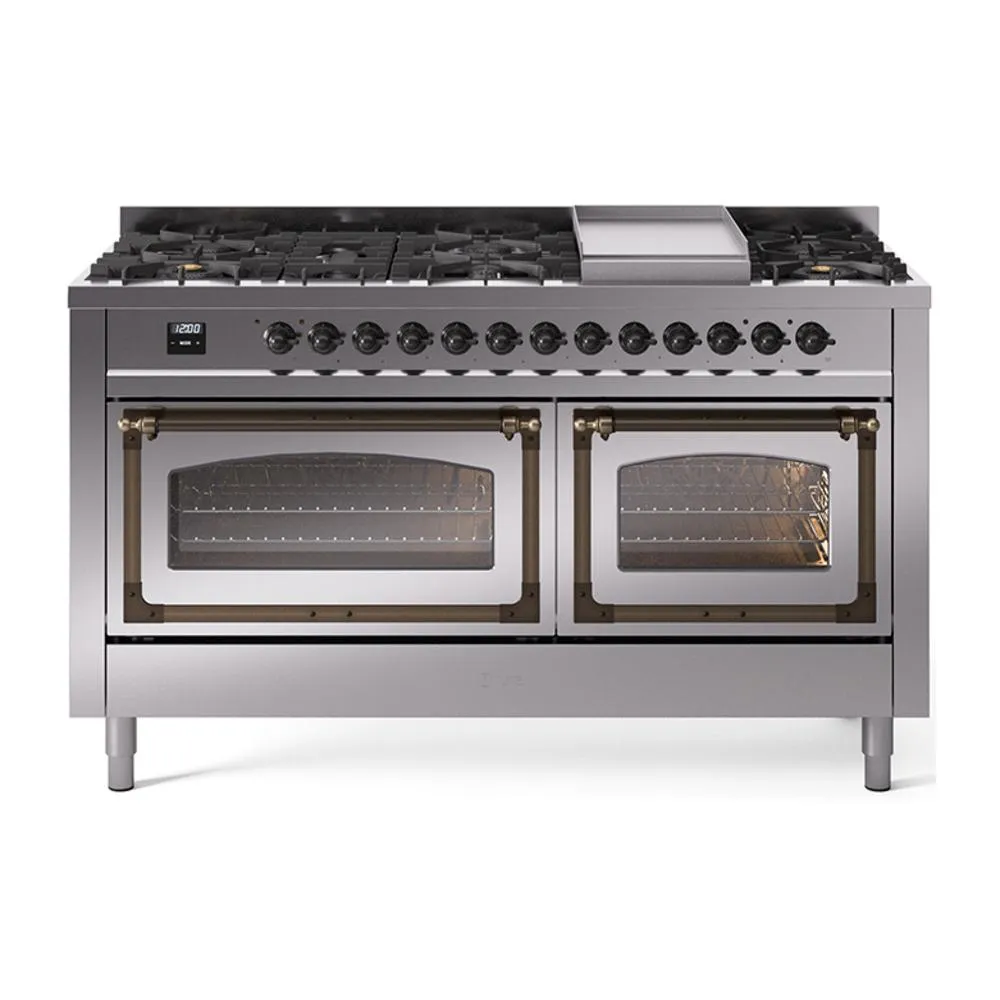Ilve UN60FNMPSSB Ilve Un60Fnmpssb Nostalgie Ii Noblesse 60" Dual Fuel Range (9 Sealed Burners   Griddle, Natural Gas, Triple Glass Door, Stainless Steel, Burnished) Professional Ranges dual fuel professional range 36 inch