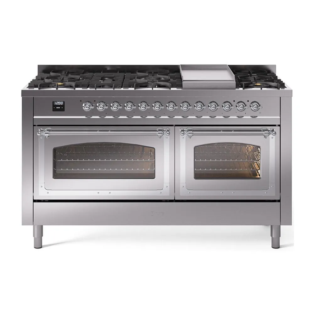 Ilve UN60FNMPSSCLP Ilve Un60Fnmpssclp Nostalgie Ii Noblesse 60" Dual Fuel Range (9 Sealed Burners   Griddle, Liquid Propane, Triple Glass Door, Stainless Steel, Chrome) Professional Ranges dual fuel professional range 36 inch