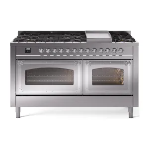 Ilve UN60FNMPSSCLP Ilve Un60Fnmpssclp Nostalgie Ii Noblesse 60" Dual Fuel Range (9 Sealed Burners   Griddle, Liquid Propane, Triple Glass Door, Stainless Steel, Chrome) Professional Ranges dual fuel professional range 36 inch