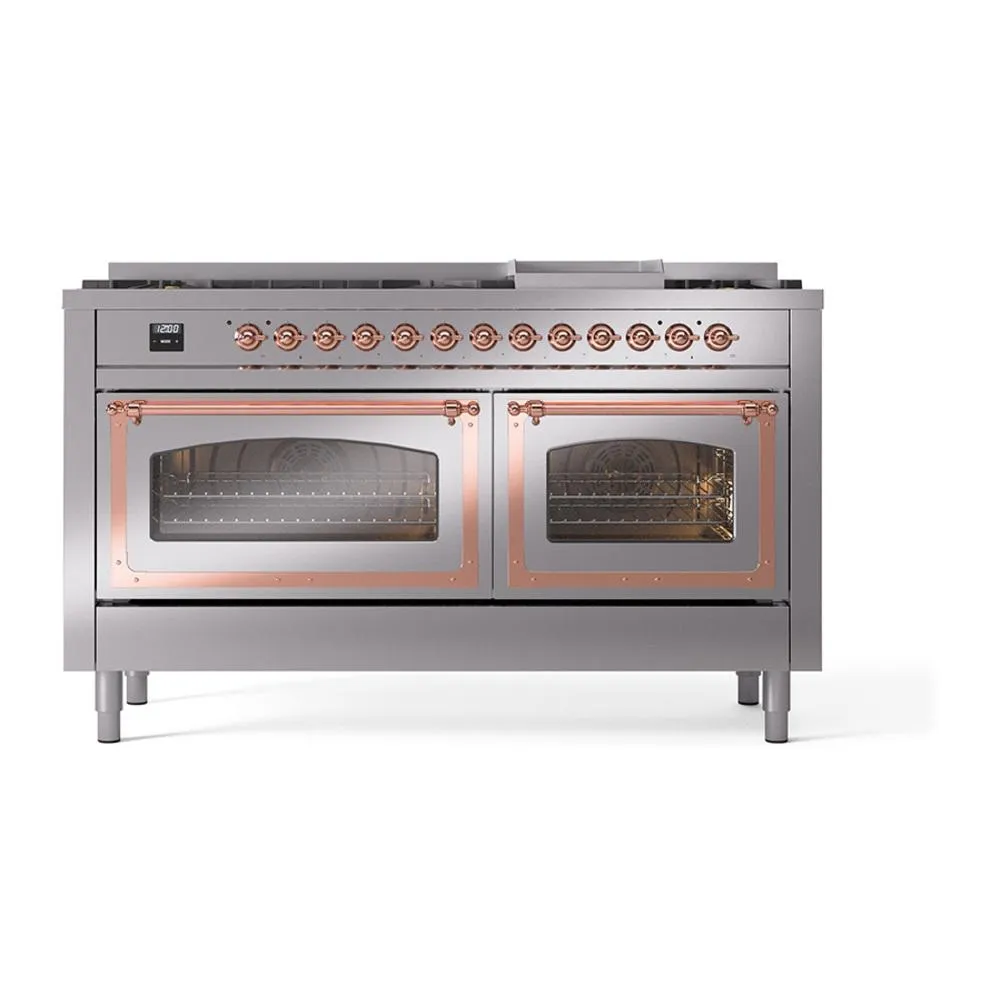Ilve UN60FNMPSSP Ilve Un60Fnmpssp Nostalgie Ii Noblesse 60" Dual Fuel Range (9 Sealed Burners   Griddle, Natural Gas, Triple Glass Door, Stainless Steel, Copper)