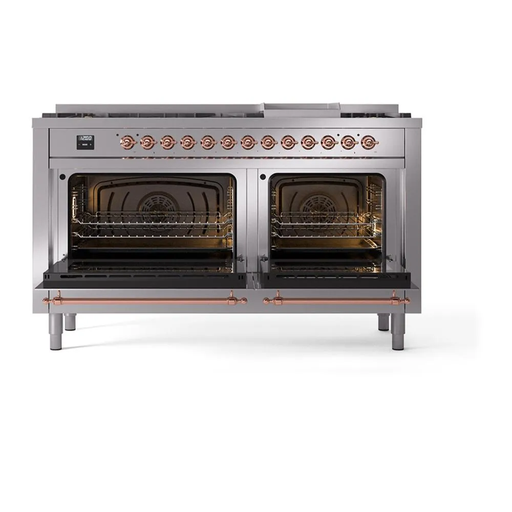 Ilve UN60FNMPSSP Ilve Un60Fnmpssp Nostalgie Ii Noblesse 60" Dual Fuel Range (9 Sealed Burners   Griddle, Natural Gas, Triple Glass Door, Stainless Steel, Copper)