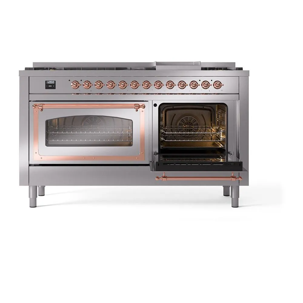Ilve UN60FNMPSSP Ilve Un60Fnmpssp Nostalgie Ii Noblesse 60" Dual Fuel Range (9 Sealed Burners   Griddle, Natural Gas, Triple Glass Door, Stainless Steel, Copper)