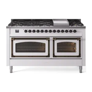 Ilve UN60FNMPWHBLP Ilve Un60Fnmpwhblp Nostalgie Ii Noblesse 60" Dual Fuel Range (9 Sealed Burners   Griddle, Liquid Propane, Triple Glass Door, White, Burnished) Professional Ranges dual fuel professional range 36 inch