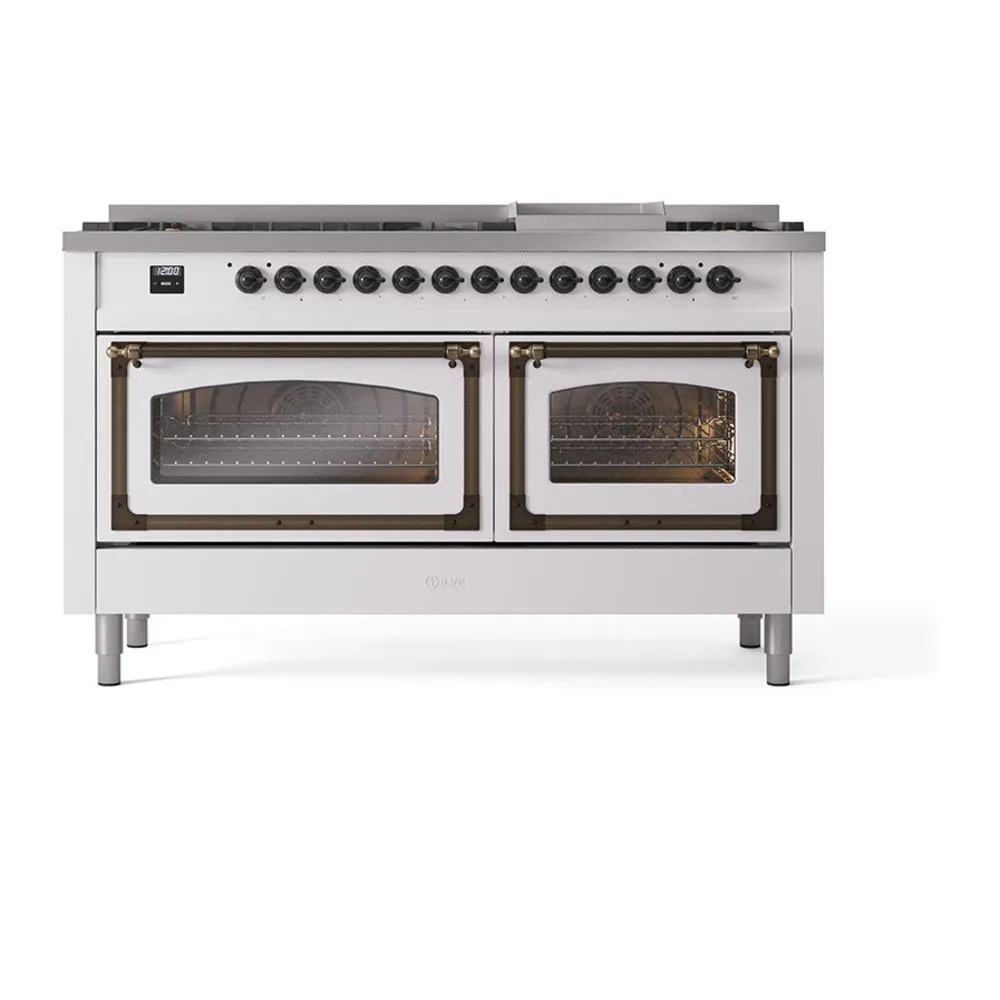 Ilve UN60FNMPWHBLP Ilve Un60Fnmpwhblp Nostalgie Ii Noblesse 60" Dual Fuel Range (9 Sealed Burners   Griddle, Liquid Propane, Triple Glass Door, White, Burnished)
