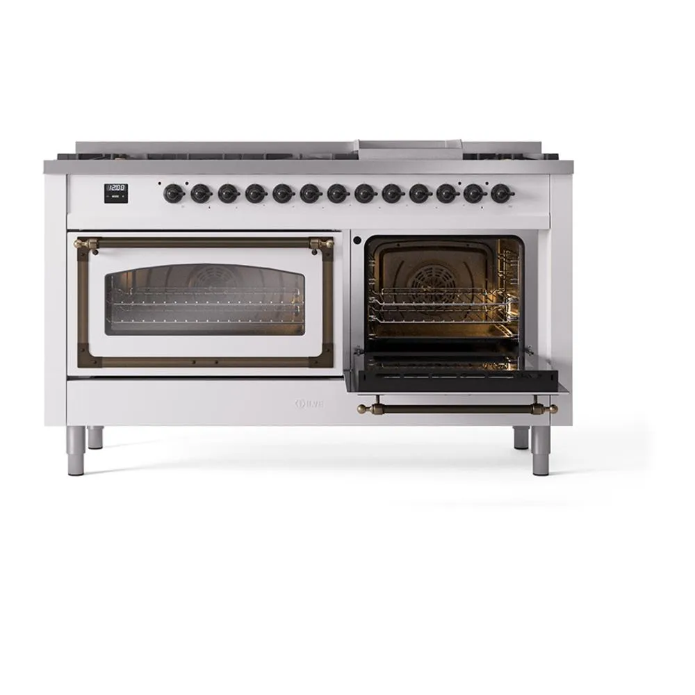 Ilve UN60FNMPWHBLP Ilve Un60Fnmpwhblp Nostalgie Ii Noblesse 60" Dual Fuel Range (9 Sealed Burners   Griddle, Liquid Propane, Triple Glass Door, White, Burnished)