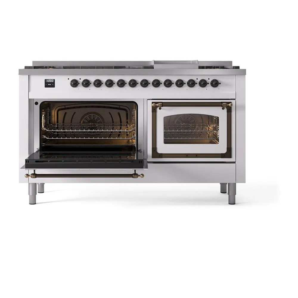 Ilve UN60FNMPWHBLP Ilve Un60Fnmpwhblp Nostalgie Ii Noblesse 60" Dual Fuel Range (9 Sealed Burners   Griddle, Liquid Propane, Triple Glass Door, White, Burnished)