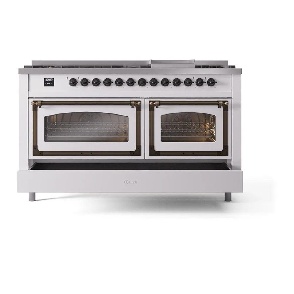 Ilve UN60FNMPWHBLP Ilve Un60Fnmpwhblp Nostalgie Ii Noblesse 60" Dual Fuel Range (9 Sealed Burners   Griddle, Liquid Propane, Triple Glass Door, White, Burnished)