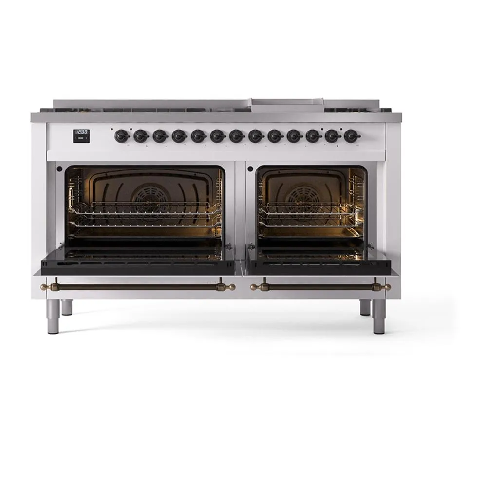 Ilve UN60FNMPWHBLP Ilve Un60Fnmpwhblp Nostalgie Ii Noblesse 60" Dual Fuel Range (9 Sealed Burners   Griddle, Liquid Propane, Triple Glass Door, White, Burnished)