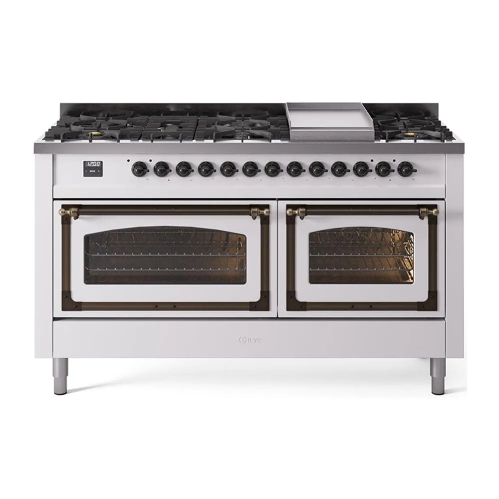 Ilve UN60FNMPWHBLP Ilve Un60Fnmpwhblp Nostalgie Ii Noblesse 60" Dual Fuel Range (9 Sealed Burners   Griddle, Liquid Propane, Triple Glass Door, White, Burnished) Professional Ranges dual fuel professional range 36 inch
