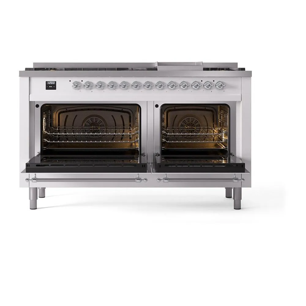Ilve UN60FNMPWHC Ilve Un60Fnmpwhc Nostalgie Ii Noblesse 60" Dual Fuel Range (9 Sealed Burners   Griddle, Natural Gas, Triple Glass Door, White, Chrome)