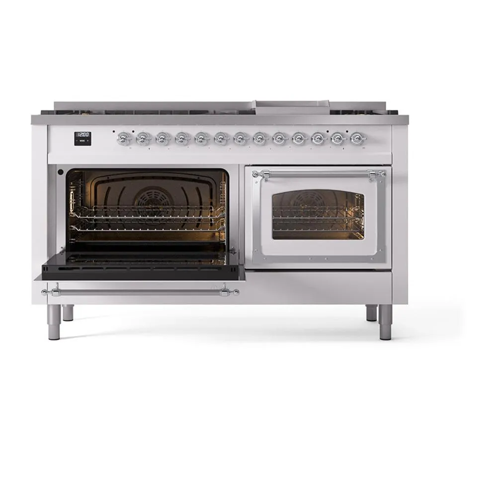 Ilve UN60FNMPWHC Ilve Un60Fnmpwhc Nostalgie Ii Noblesse 60" Dual Fuel Range (9 Sealed Burners   Griddle, Natural Gas, Triple Glass Door, White, Chrome)