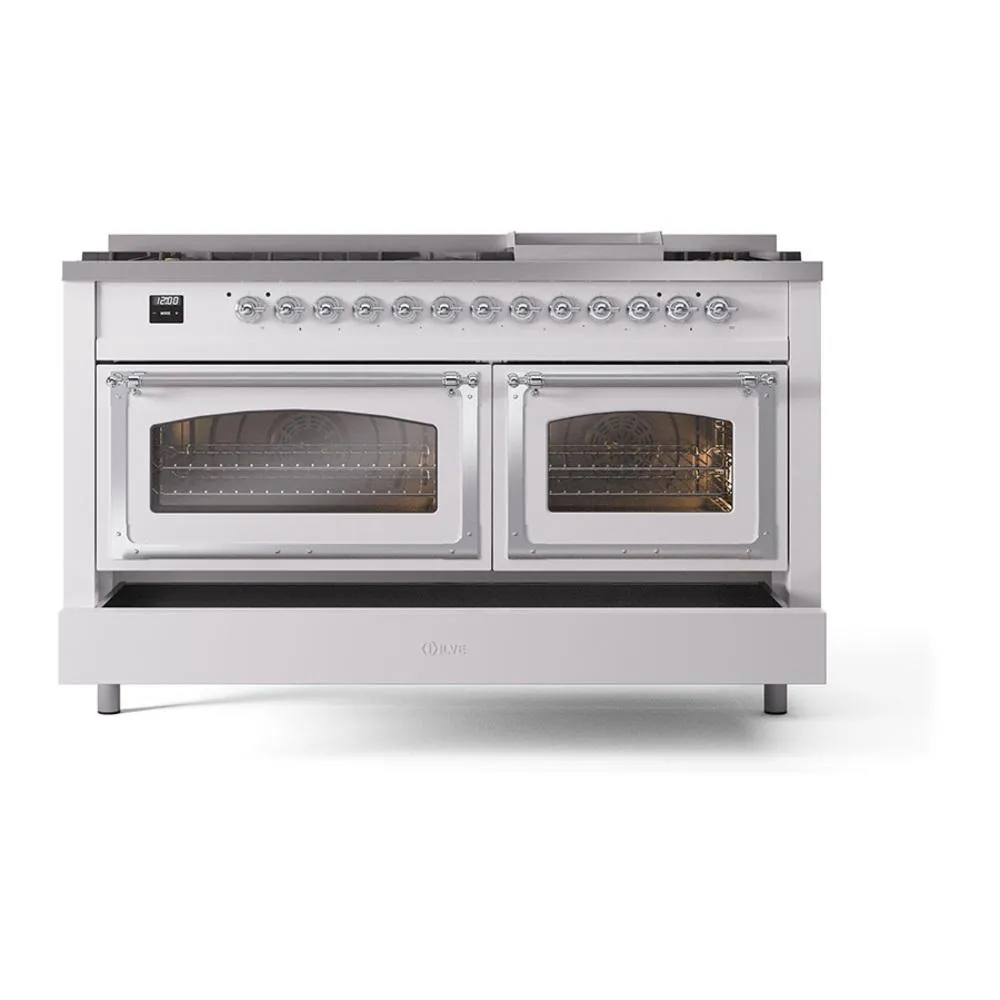 Ilve UN60FNMPWHC Ilve Un60Fnmpwhc Nostalgie Ii Noblesse 60" Dual Fuel Range (9 Sealed Burners   Griddle, Natural Gas, Triple Glass Door, White, Chrome)