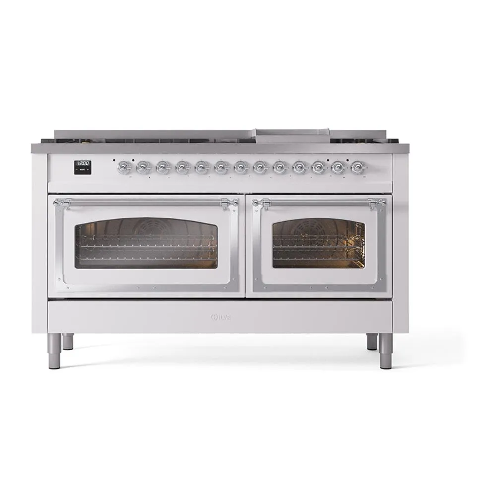 Ilve UN60FNMPWHC Ilve Un60Fnmpwhc Nostalgie Ii Noblesse 60" Dual Fuel Range (9 Sealed Burners   Griddle, Natural Gas, Triple Glass Door, White, Chrome)