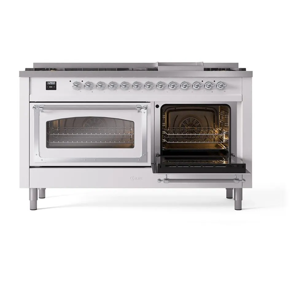 Ilve UN60FNMPWHC Ilve Un60Fnmpwhc Nostalgie Ii Noblesse 60" Dual Fuel Range (9 Sealed Burners   Griddle, Natural Gas, Triple Glass Door, White, Chrome)