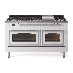 Ilve UN60FNMPWHCLP Ilve Un60Fnmpwhclp Nostalgie Ii Noblesse 60" Dual Fuel Range (9 Sealed Burners   Griddle, Liquid Propane, Triple Glass Door, White, Chrome) Professional Ranges dual fuel professional range 36 inch