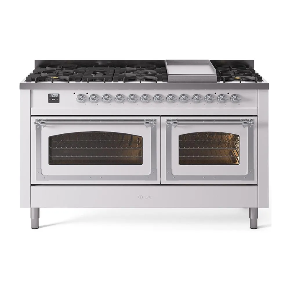 Ilve UN60FNMPWHCLP Ilve Un60Fnmpwhclp Nostalgie Ii Noblesse 60" Dual Fuel Range (9 Sealed Burners   Griddle, Liquid Propane, Triple Glass Door, White, Chrome) Professional Ranges dual fuel professional range 36 inch