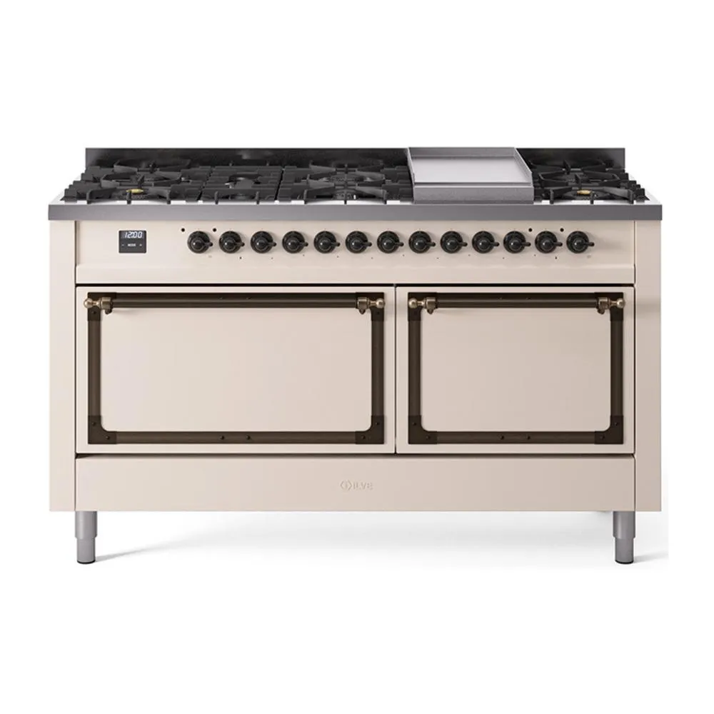 Ilve UN60FQNMPAWB Ilve Un60Fqnmpawb Nostalgie Ii Noblesse 60" Dual Fuel Range (9 Sealed Burners   Griddle, Natural Gas, Solid Door, Antique White, Burnished) Professional Ranges dual fuel professional range 36 inch