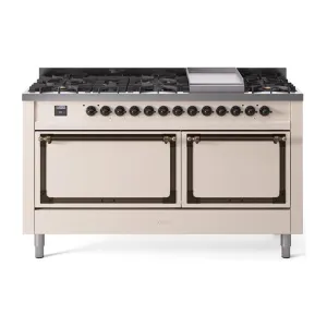 Ilve UN60FQNMPAWB Ilve Un60Fqnmpawb Nostalgie Ii Noblesse 60" Dual Fuel Range (9 Sealed Burners   Griddle, Natural Gas, Solid Door, Antique White, Burnished) Professional Ranges dual fuel professional range 36 inch