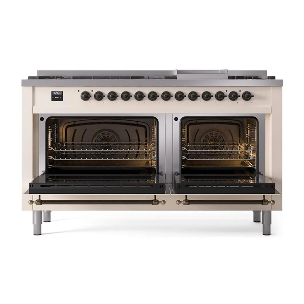 Ilve UN60FQNMPAWB Ilve Un60Fqnmpawb Nostalgie Ii Noblesse 60" Dual Fuel Range (9 Sealed Burners   Griddle, Natural Gas, Solid Door, Antique White, Burnished)