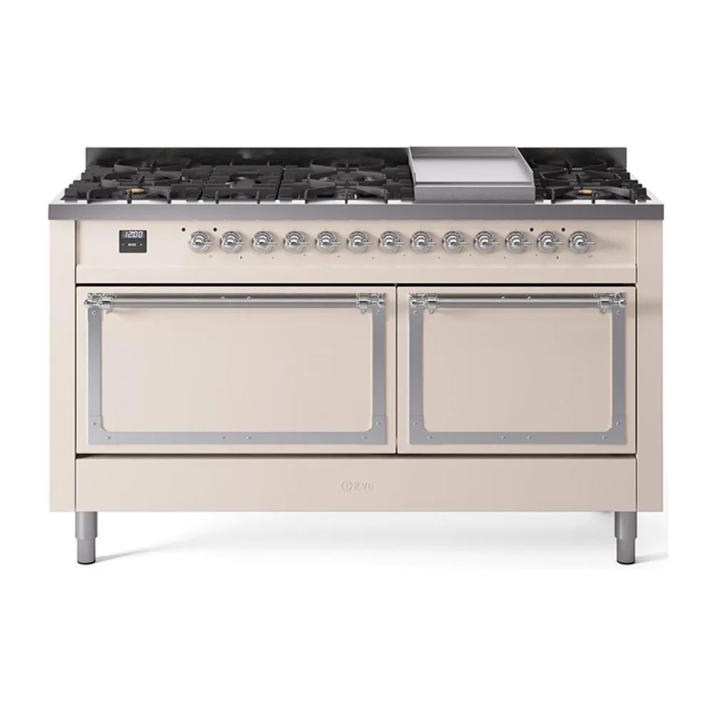 Ilve UN60FQNMPAWC Ilve Un60Fqnmpawc Nostalgie Ii Noblesse 60" Dual Fuel Range (9 Sealed Burners   Griddle, Natural Gas, Solid Door, Antique White, Chrome) Professional Ranges dual fuel professional range 36 inch