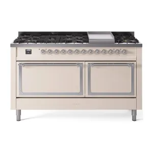 Ilve UN60FQNMPAWC Ilve Un60Fqnmpawc Nostalgie Ii Noblesse 60" Dual Fuel Range (9 Sealed Burners   Griddle, Natural Gas, Solid Door, Antique White, Chrome) Professional Ranges dual fuel professional range 36 inch