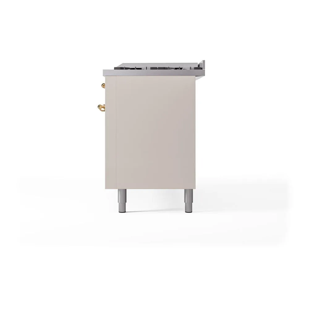 Ilve UN60FQNMPAWGLP Ilve Un60Fqnmpawglp Nostalgie Ii Noblesse 60" Dual Fuel Range (9 Sealed Burners   Griddle, Liquid Propane, Solid Door, Antique White, Brass)
