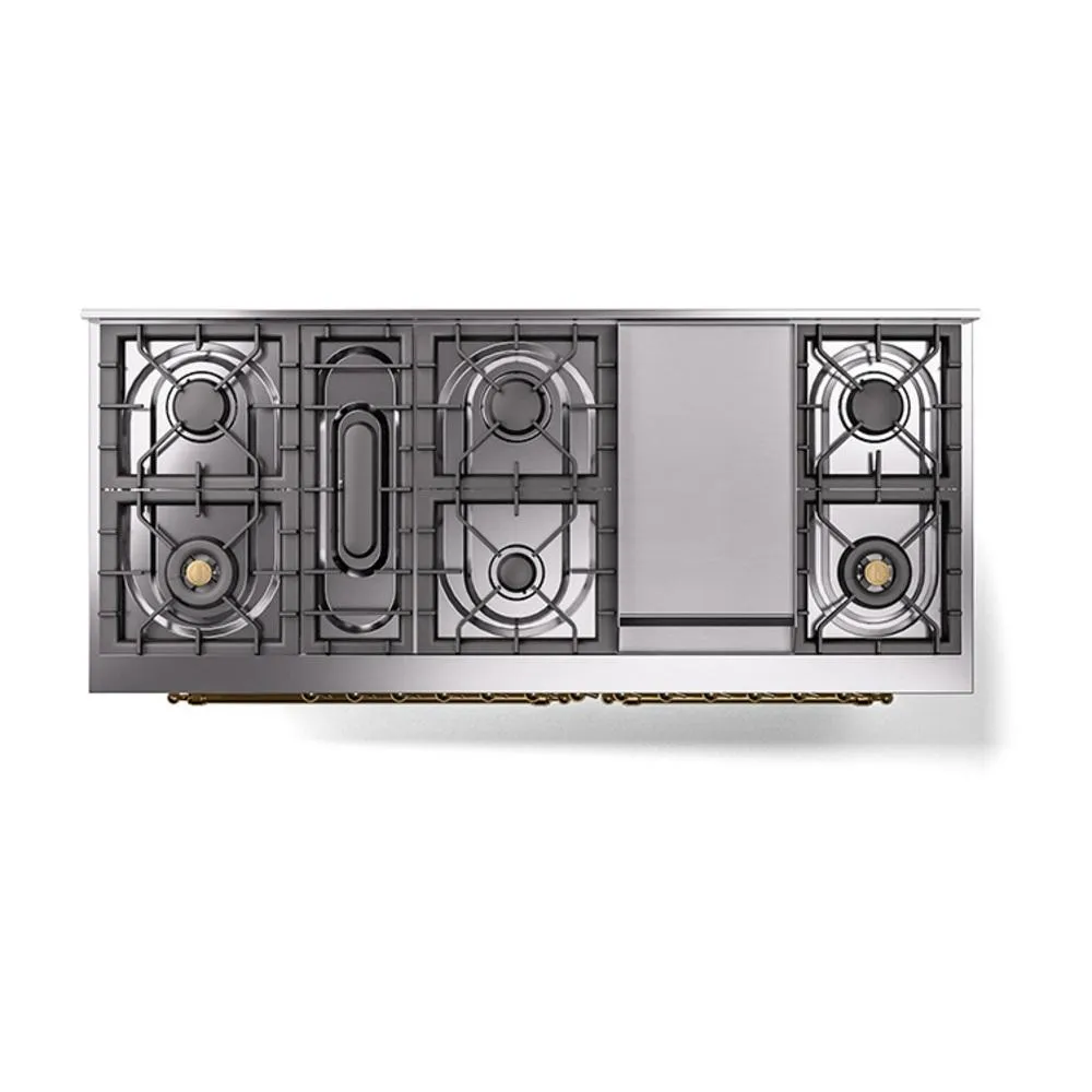 Ilve UN60FQNMPAWGLP Ilve Un60Fqnmpawglp Nostalgie Ii Noblesse 60" Dual Fuel Range (9 Sealed Burners   Griddle, Liquid Propane, Solid Door, Antique White, Brass)