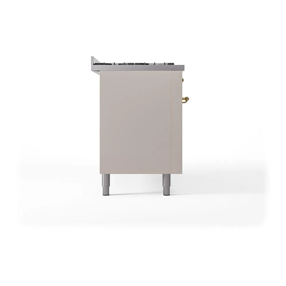 Ilve UN60FQNMPAWGLP Ilve Un60Fqnmpawglp Nostalgie Ii Noblesse 60" Dual Fuel Range (9 Sealed Burners   Griddle, Liquid Propane, Solid Door, Antique White, Brass)