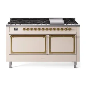 Ilve UN60FQNMPAWGLP Ilve Un60Fqnmpawglp Nostalgie Ii Noblesse 60" Dual Fuel Range (9 Sealed Burners   Griddle, Liquid Propane, Solid Door, Antique White, Brass) Professional Ranges dual fuel professional range 36 inch