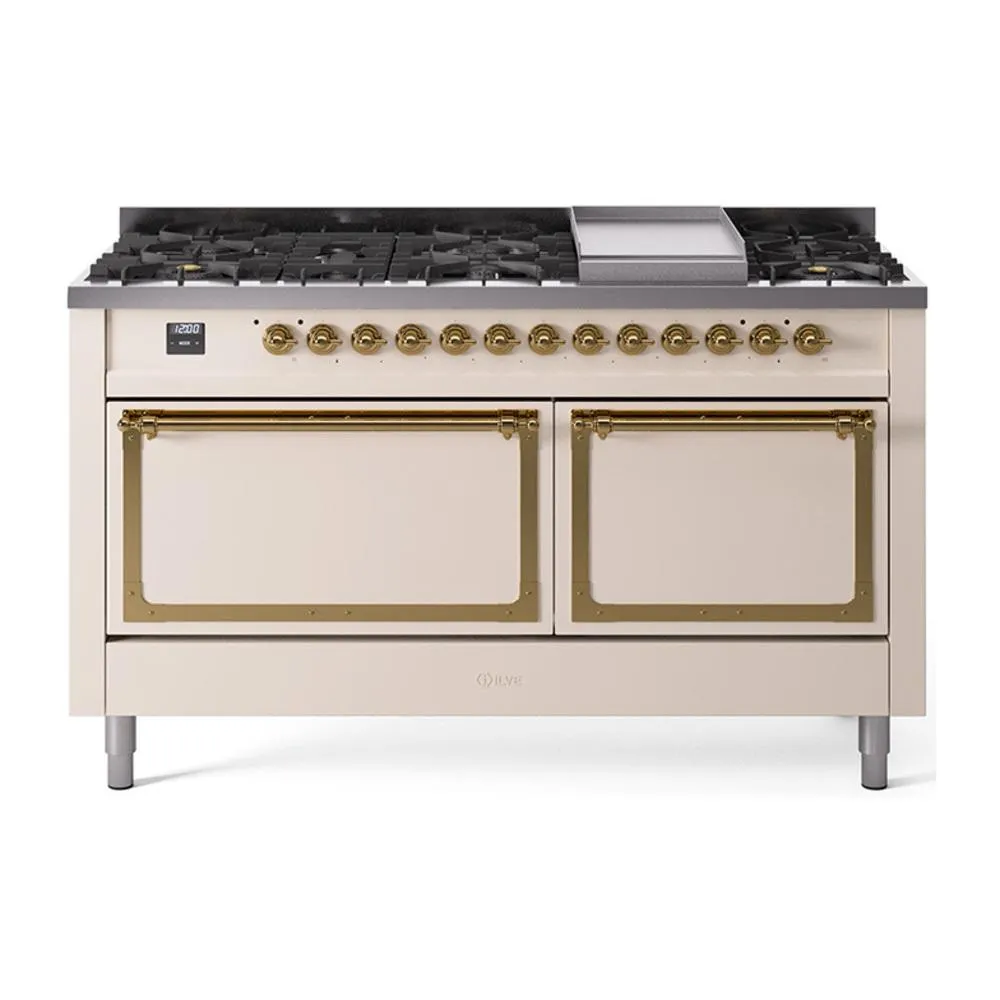 Ilve UN60FQNMPAWGLP Ilve Un60Fqnmpawglp Nostalgie Ii Noblesse 60" Dual Fuel Range (9 Sealed Burners   Griddle, Liquid Propane, Solid Door, Antique White, Brass) Professional Ranges dual fuel professional range 36 inch