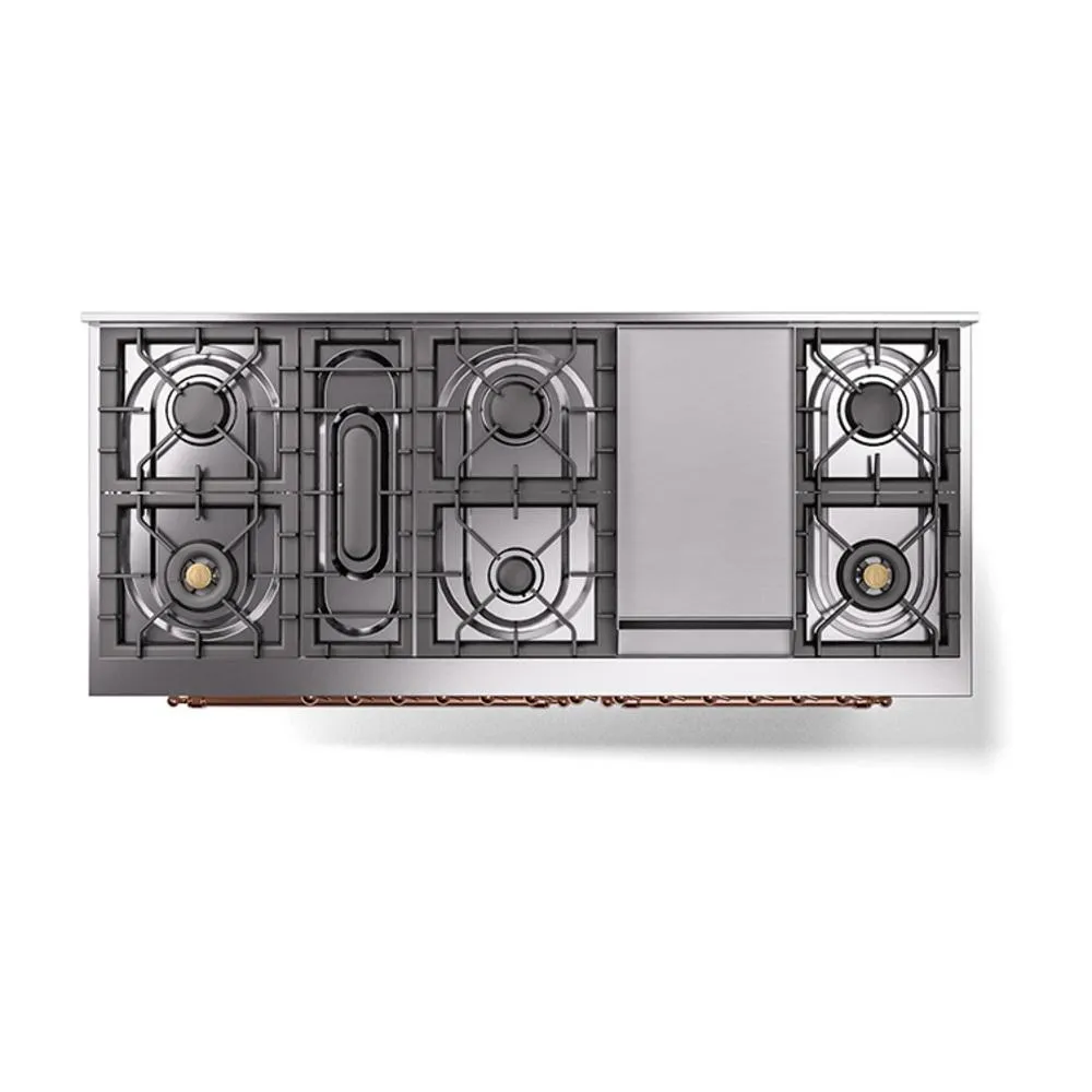 Ilve UN60FQNMPAWPLP Ilve Un60Fqnmpawplp Nostalgie Ii Noblesse 60" Dual Fuel Range (9 Sealed Burners   Griddle, Liquid Propane, Solid Door, Antique White, Copper)