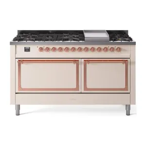 Ilve UN60FQNMPAWPLP Ilve Un60Fqnmpawplp Nostalgie Ii Noblesse 60" Dual Fuel Range (9 Sealed Burners   Griddle, Liquid Propane, Solid Door, Antique White, Copper) Professional Ranges dual fuel professional range 36 inch