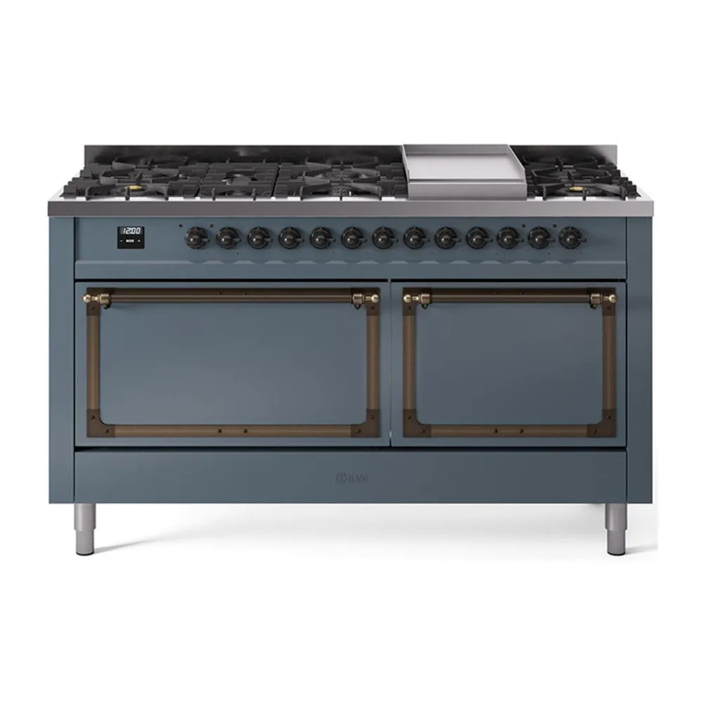 Ilve UN60FQNMPBGBLP Ilve Un60Fqnmpbgblp Nostalgie Ii Noblesse 60" Dual Fuel Range (9 Sealed Burners   Griddle, Liquid Propane, Solid Door, Blue Grey, Burnished) Professional Ranges dual fuel professional range 36 inch