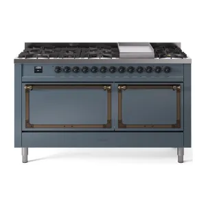 Ilve UN60FQNMPBGBLP Ilve Un60Fqnmpbgblp Nostalgie Ii Noblesse 60" Dual Fuel Range (9 Sealed Burners   Griddle, Liquid Propane, Solid Door, Blue Grey, Burnished) Professional Ranges dual fuel professional range 36 inch