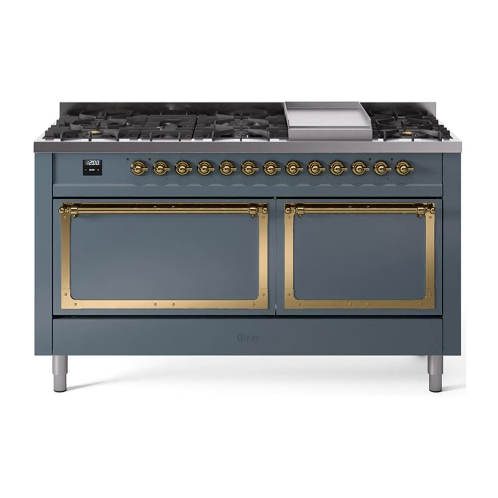 Ilve UN60FQNMPBGGLP Ilve Un60Fqnmpbgglp Nostalgie Ii Noblesse 60" Dual Fuel Range (9 Sealed Burners   Griddle, Liquid Propane, Solid Door, Blue Grey, Brass) Professional Ranges dual fuel professional range 36 inch