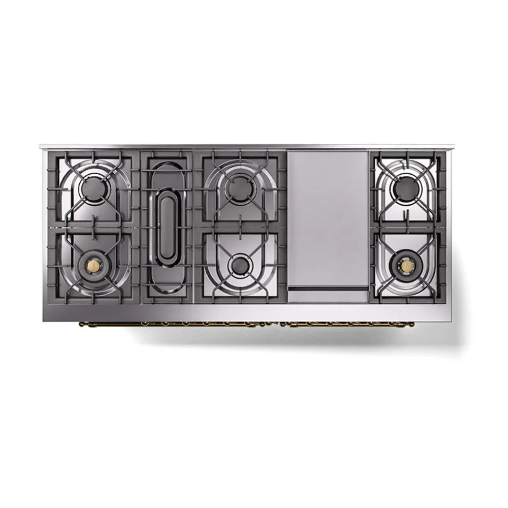 Ilve UN60FQNMPBGGLP Ilve Un60Fqnmpbgglp Nostalgie Ii Noblesse 60" Dual Fuel Range (9 Sealed Burners   Griddle, Liquid Propane, Solid Door, Blue Grey, Brass)