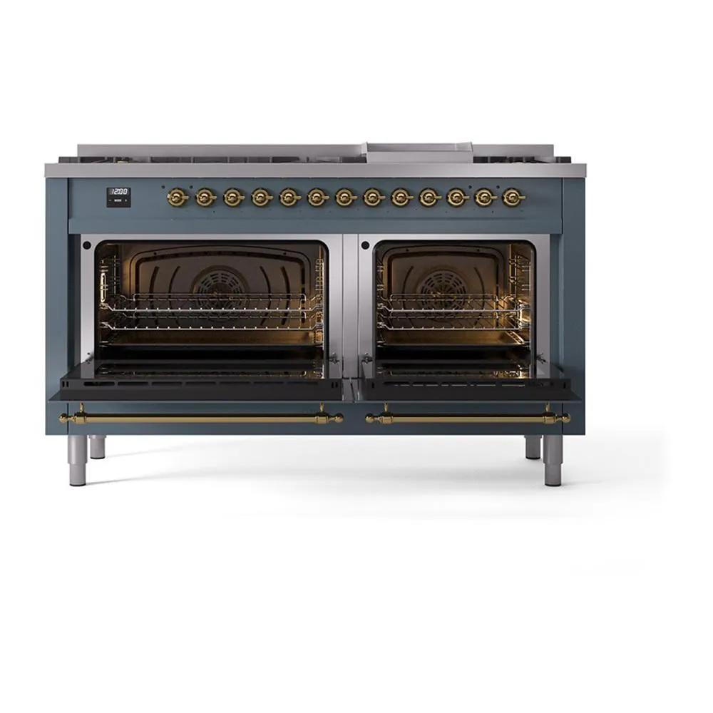 Ilve UN60FQNMPBGGLP Ilve Un60Fqnmpbgglp Nostalgie Ii Noblesse 60" Dual Fuel Range (9 Sealed Burners   Griddle, Liquid Propane, Solid Door, Blue Grey, Brass)