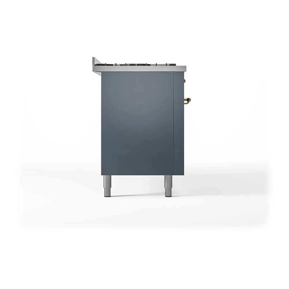 Ilve UN60FQNMPBGGLP Ilve Un60Fqnmpbgglp Nostalgie Ii Noblesse 60" Dual Fuel Range (9 Sealed Burners   Griddle, Liquid Propane, Solid Door, Blue Grey, Brass)