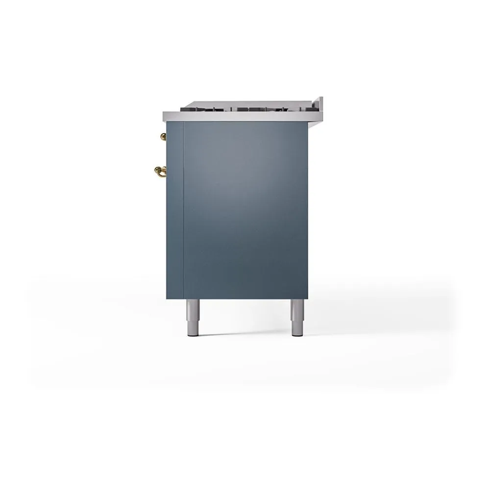 Ilve UN60FQNMPBGGLP Ilve Un60Fqnmpbgglp Nostalgie Ii Noblesse 60" Dual Fuel Range (9 Sealed Burners   Griddle, Liquid Propane, Solid Door, Blue Grey, Brass)
