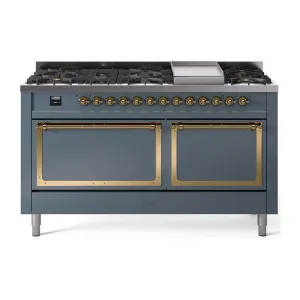 Ilve UN60FQNMPBGGLP Ilve Un60Fqnmpbgglp Nostalgie Ii Noblesse 60" Dual Fuel Range (9 Sealed Burners   Griddle, Liquid Propane, Solid Door, Blue Grey, Brass) Professional Ranges dual fuel professional range 36 inch
