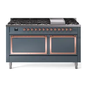 Ilve UN60FQNMPBGPLP Ilve Un60Fqnmpbgplp Nostalgie Ii Noblesse 60" Dual Fuel Range (9 Sealed Burners   Griddle, Liquid Propane, Solid Door, Blue Grey, Copper) Professional Ranges dual fuel professional range 36 inch