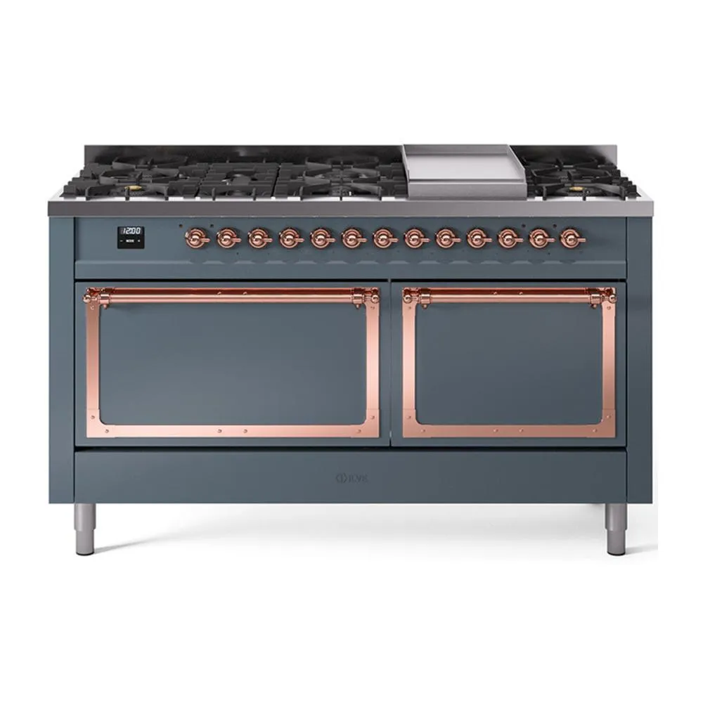 Ilve UN60FQNMPBGPLP Ilve Un60Fqnmpbgplp Nostalgie Ii Noblesse 60" Dual Fuel Range (9 Sealed Burners   Griddle, Liquid Propane, Solid Door, Blue Grey, Copper) Professional Ranges dual fuel professional range 36 inch