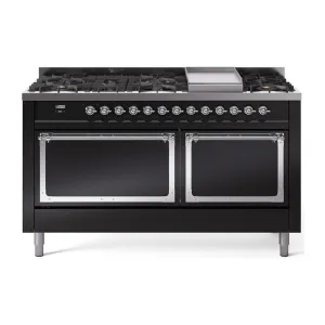 Ilve UN60FQNMPBKCLP Ilve Un60Fqnmpbkclp Nostalgie Ii Noblesse 60" Dual Fuel Range (9 Sealed Burners   Griddle, Liquid Propane, Solid Door, Glossy Black, Chrome) Professional Ranges dual fuel professional range 36 inch