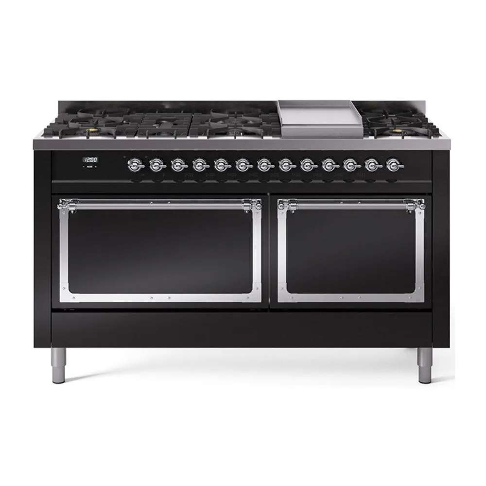 Ilve UN60FQNMPBKCLP Ilve Un60Fqnmpbkclp Nostalgie Ii Noblesse 60" Dual Fuel Range (9 Sealed Burners   Griddle, Liquid Propane, Solid Door, Glossy Black, Chrome) Professional Ranges dual fuel professional range 36 inch