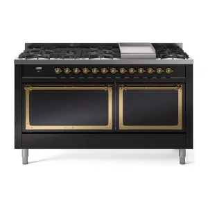 Ilve UN60FQNMPBKG Ilve Un60Fqnmpbkg Nostalgie Ii Noblesse 60" Dual Fuel Range (9 Sealed Burners   Griddle, Natural Gas, Solid Door, Glossy Black, Brass) Professional Ranges dual fuel professional range 36 inch